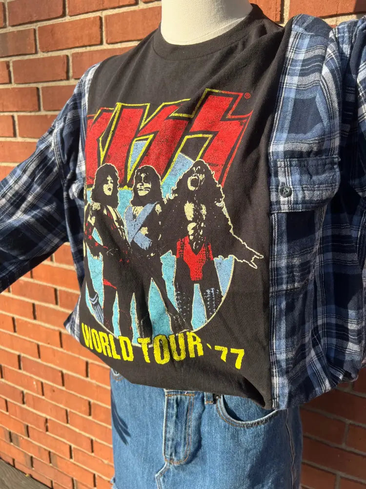 Reworked KISS Flannel Long Sleeve Shirts & Tops