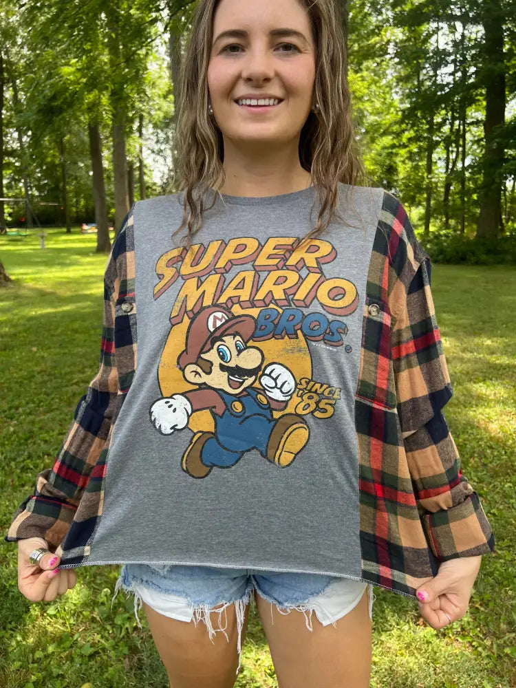 Reworked Mario Brothers Flannel Long Sleeve Shirts & Tops