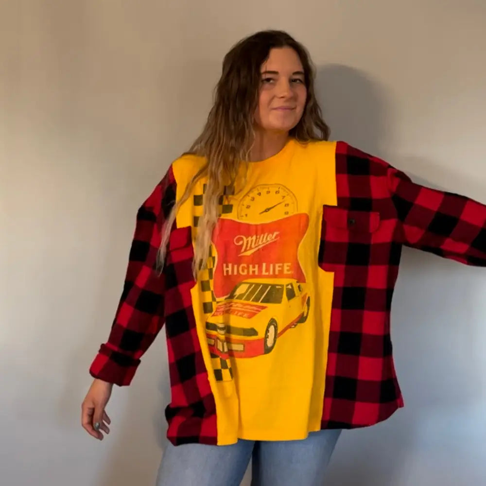 Reworked Miller High Life Flannel Long Sleeve Shirts & Tops