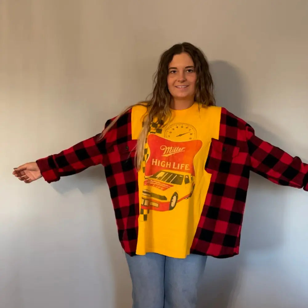 Reworked Miller High Life Flannel Long Sleeve Shirts & Tops