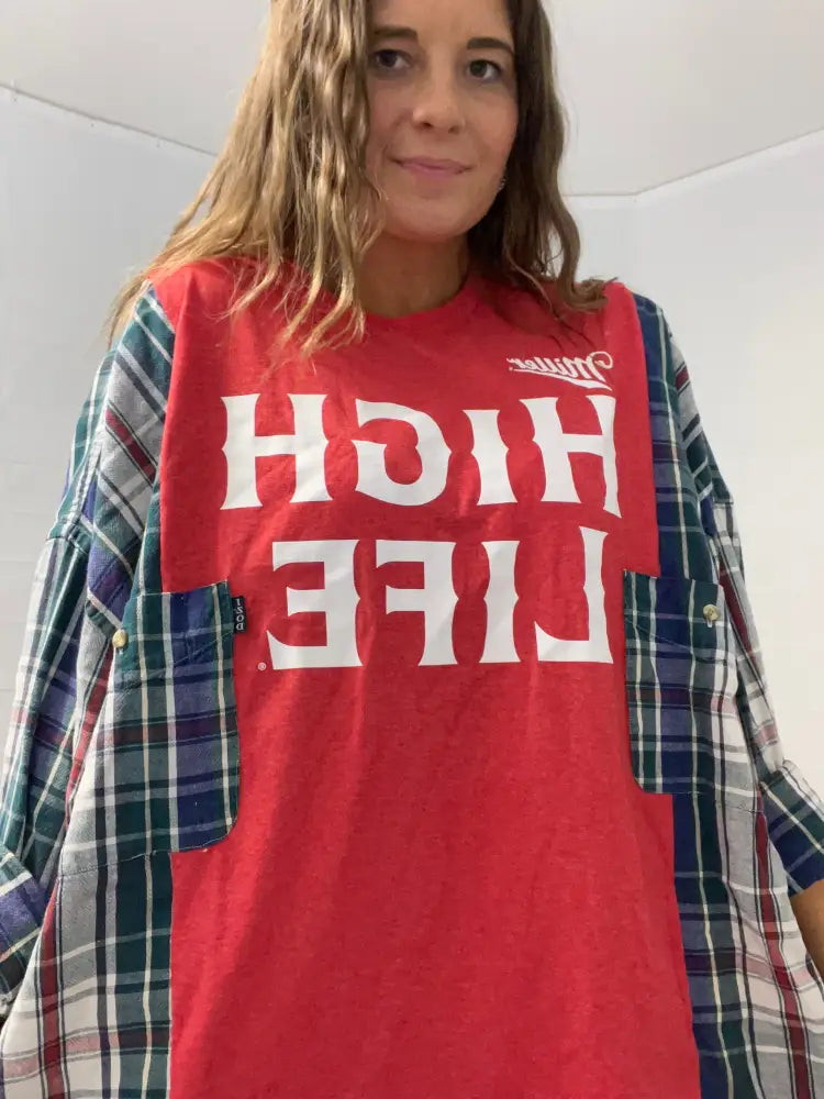 Reworked Miller High Life Flannel Long Sleeve Shirts & Tops