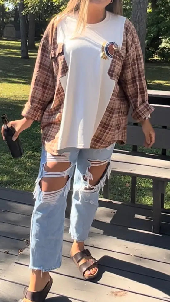 Reworked Miller Lite Flannel Long Sleeve Shirts & Tops
