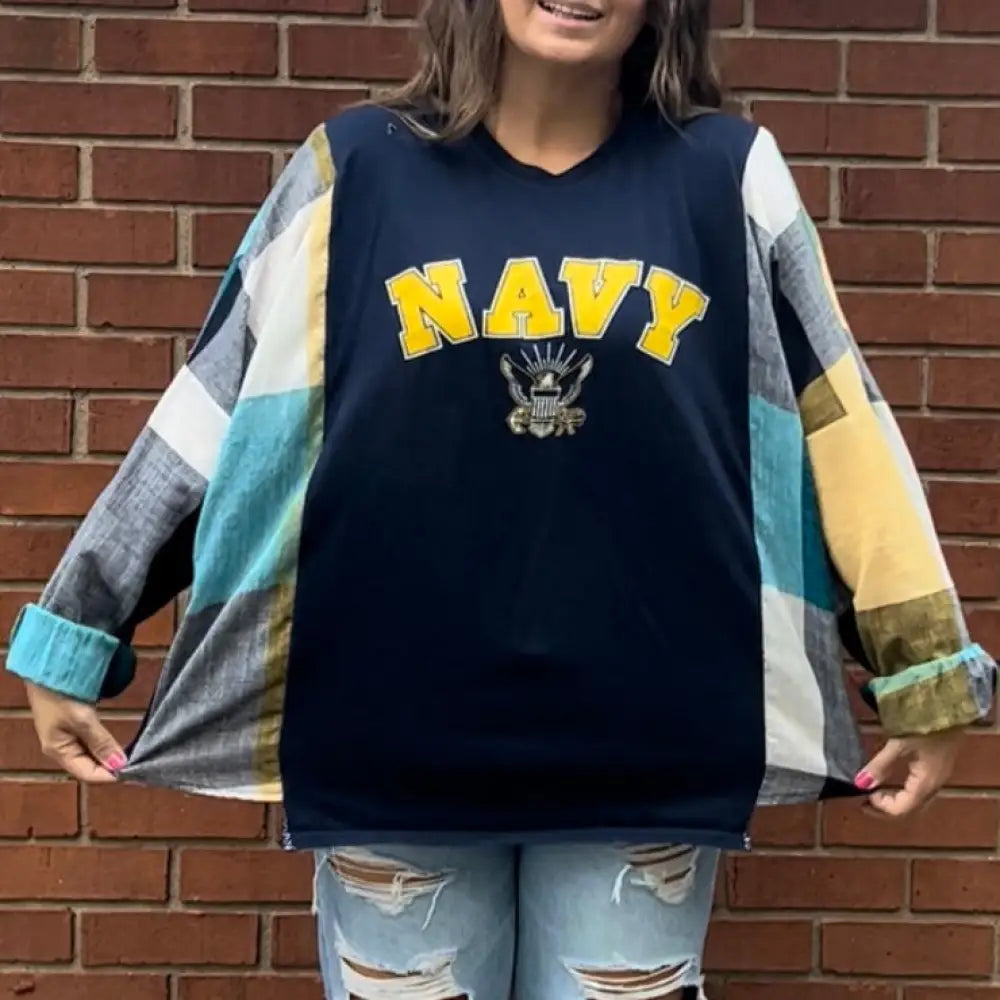 Reworked Navy Long Sleeve Shirts & Tops