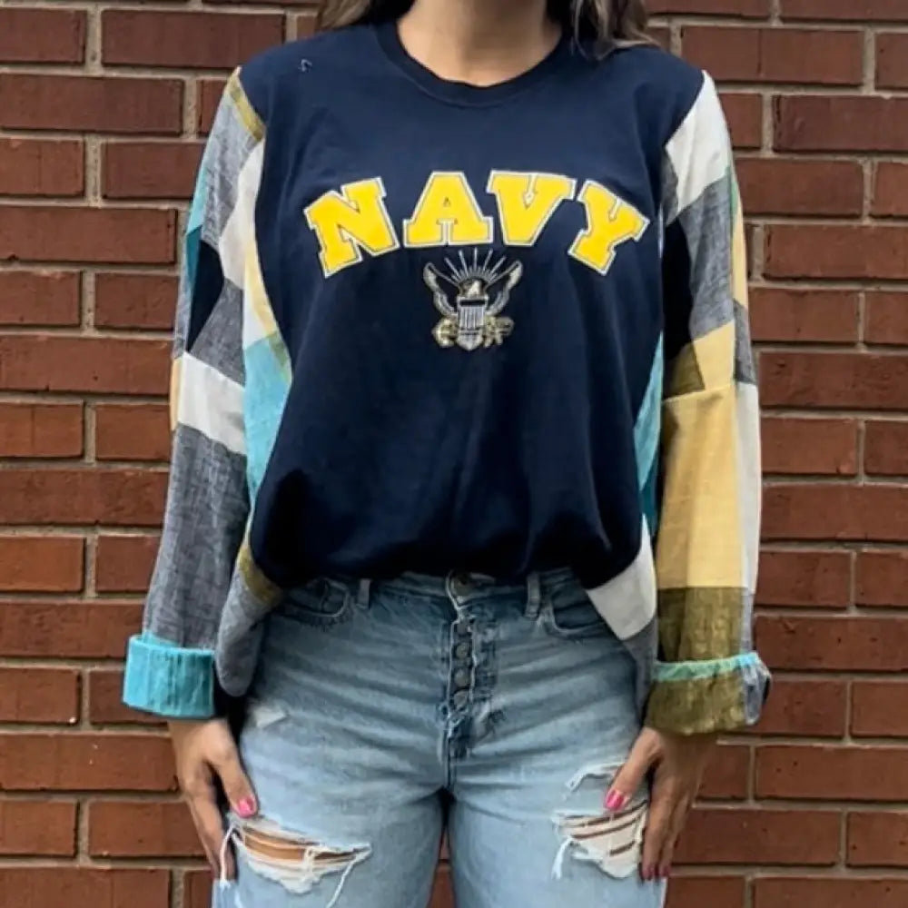 Reworked Navy Long Sleeve Shirts & Tops
