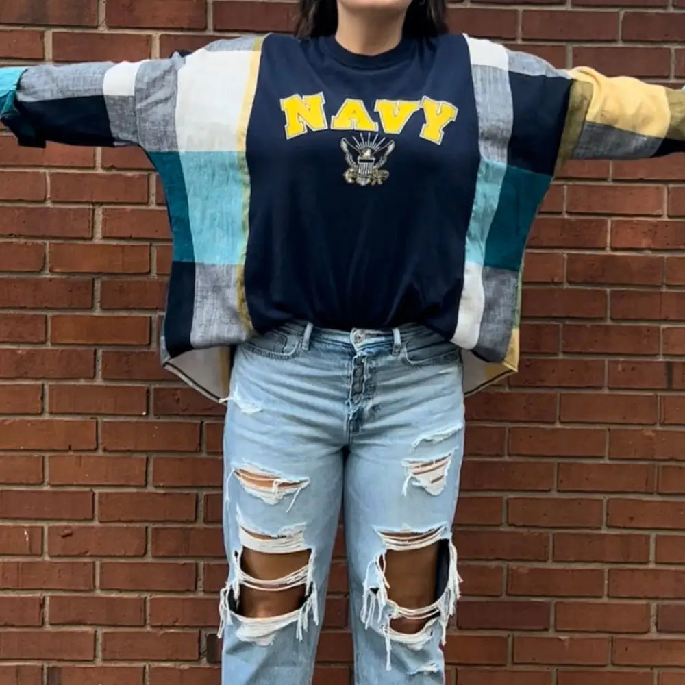 Reworked Navy Long Sleeve Shirts & Tops