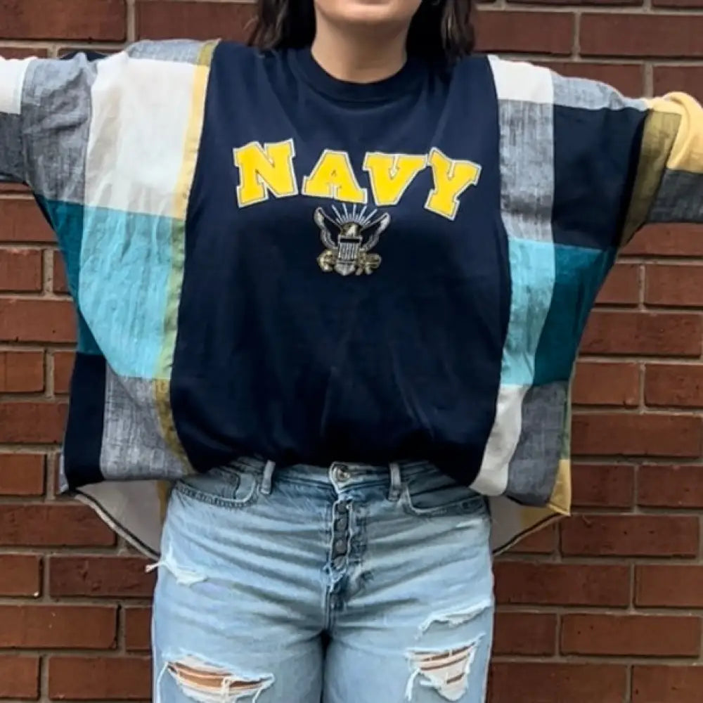 Reworked Navy Long Sleeve Shirts & Tops