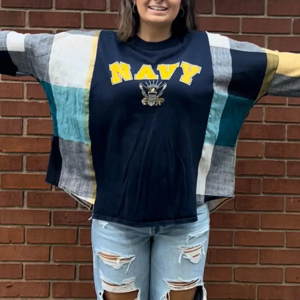 Reworked Navy Long Sleeve Shirts & Tops