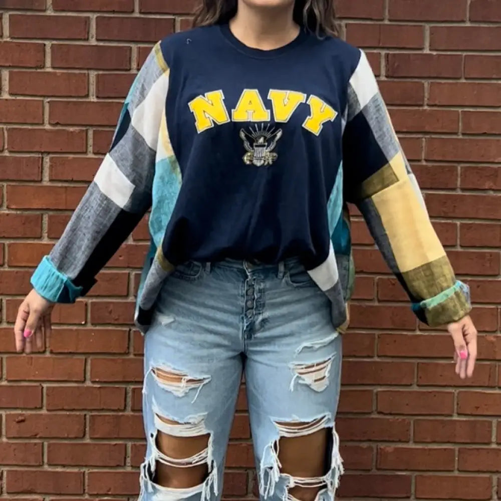 Reworked Navy Long Sleeve Shirts & Tops