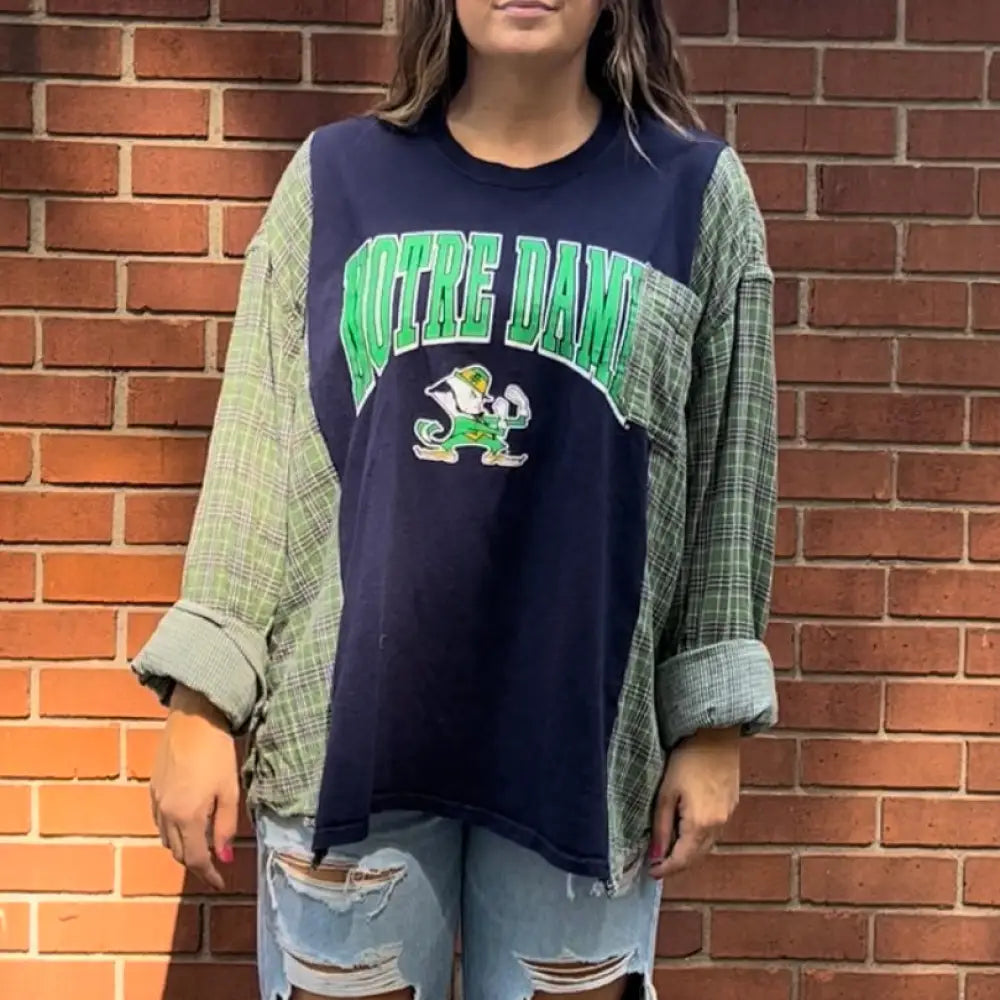 Reworked Notre Dame University Long Sleeve Shirts & Tops