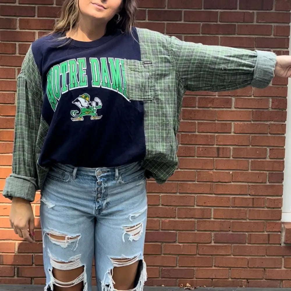 Reworked Notre Dame University Long Sleeve Shirts & Tops