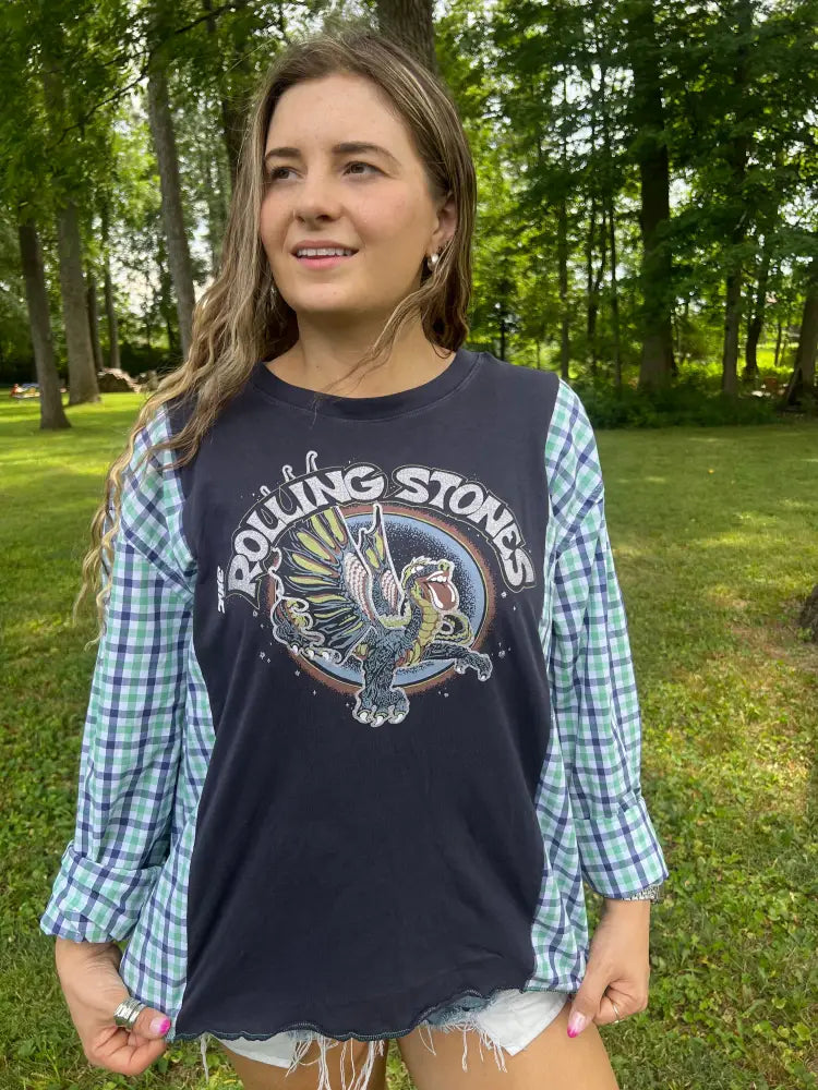Reworked Rolling Stones Band Tee Flannel Long Sleeve Shirts & Tops