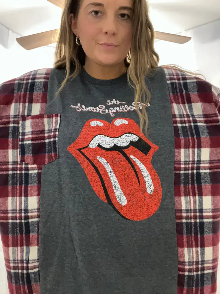 Reworked Rolling Stones Flannel Long Sleeve Shirts & Tops