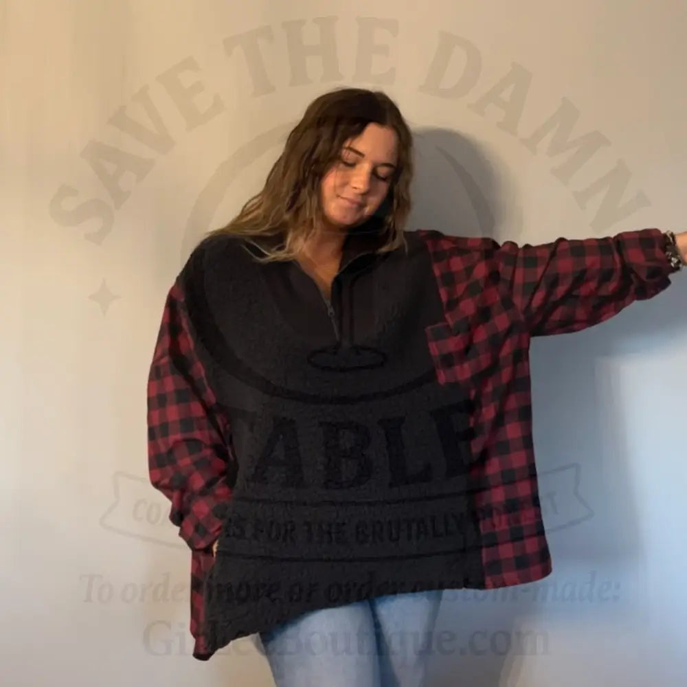 Reworked Sherpa/Flannel Long Sleeve Quarter Zip Shirts & Tops