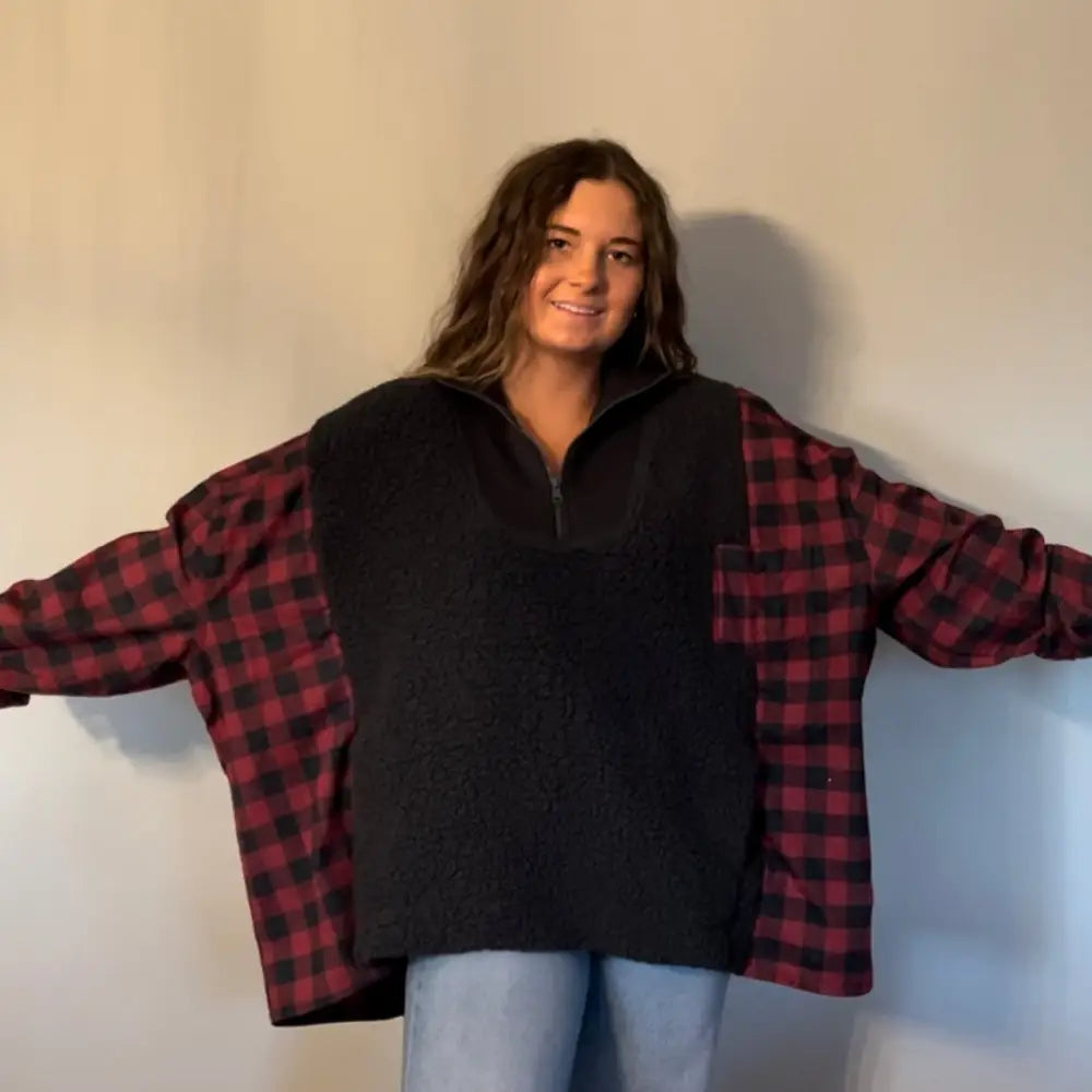 Reworked Sherpa/Flannel Long Sleeve Quarter Zip Shirts & Tops