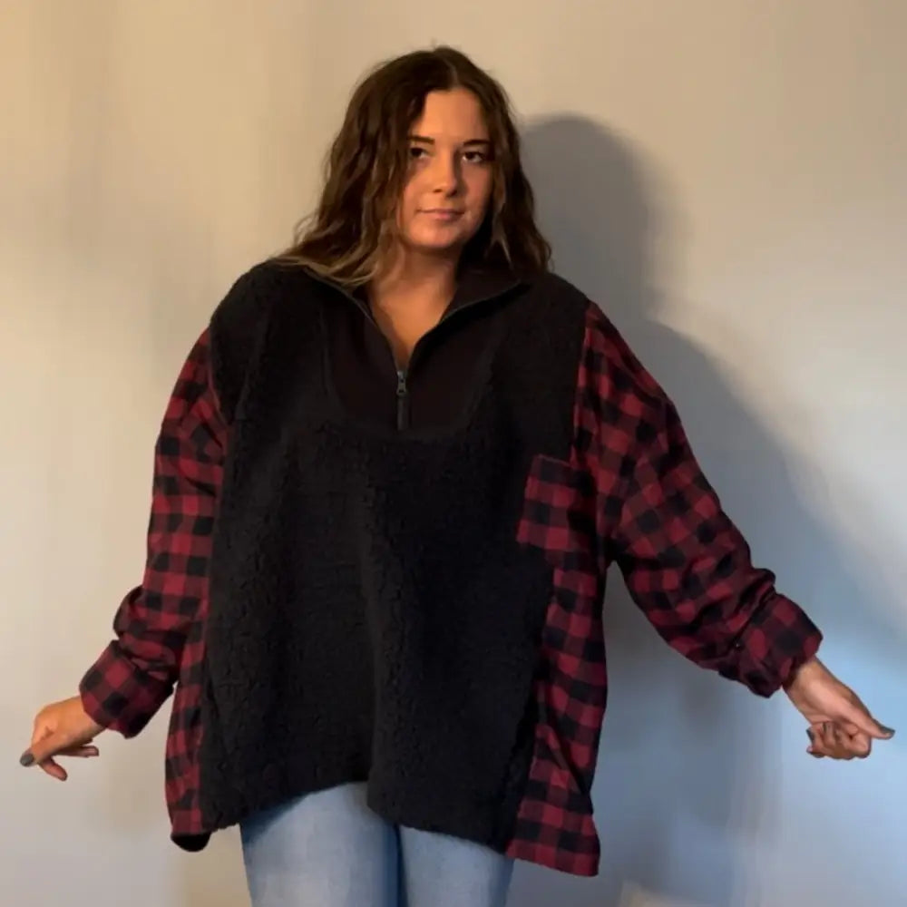 Reworked Sherpa/Flannel Long Sleeve Quarter Zip Shirts & Tops