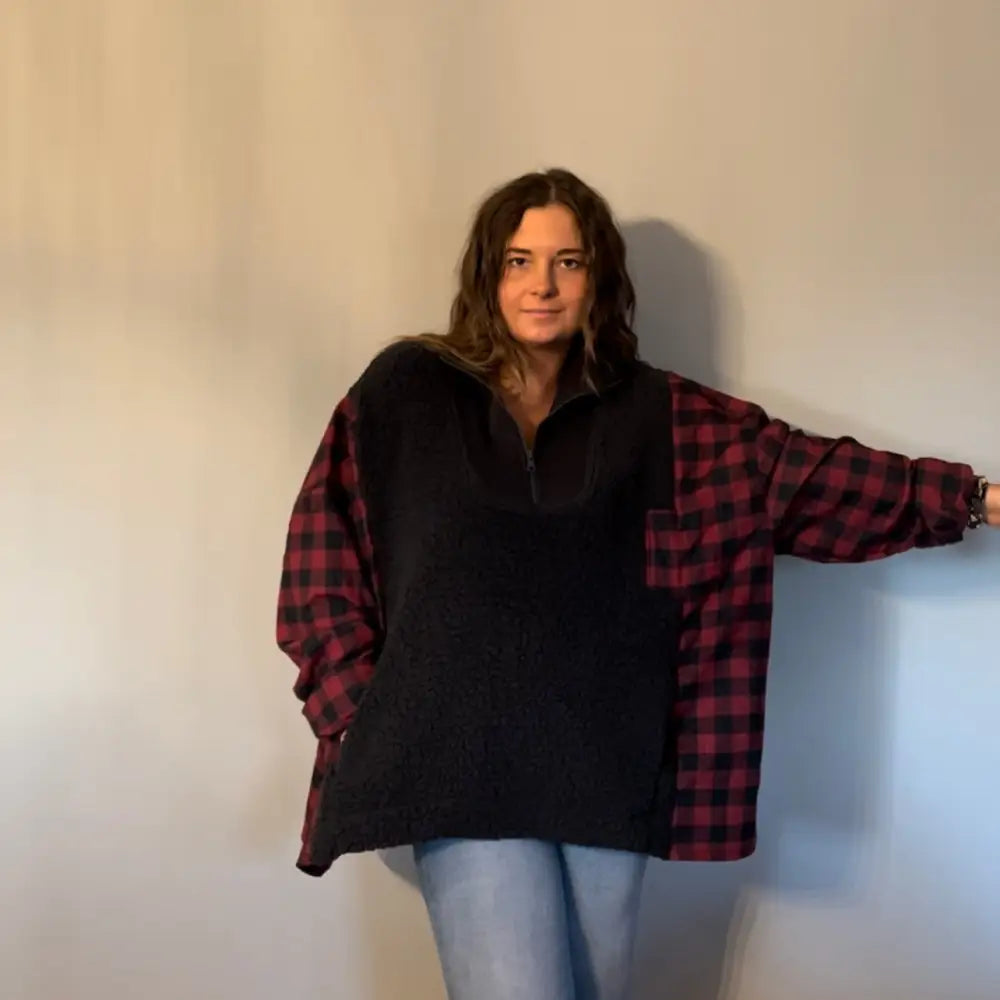 Reworked Sherpa/Flannel Long Sleeve Quarter Zip Shirts & Tops