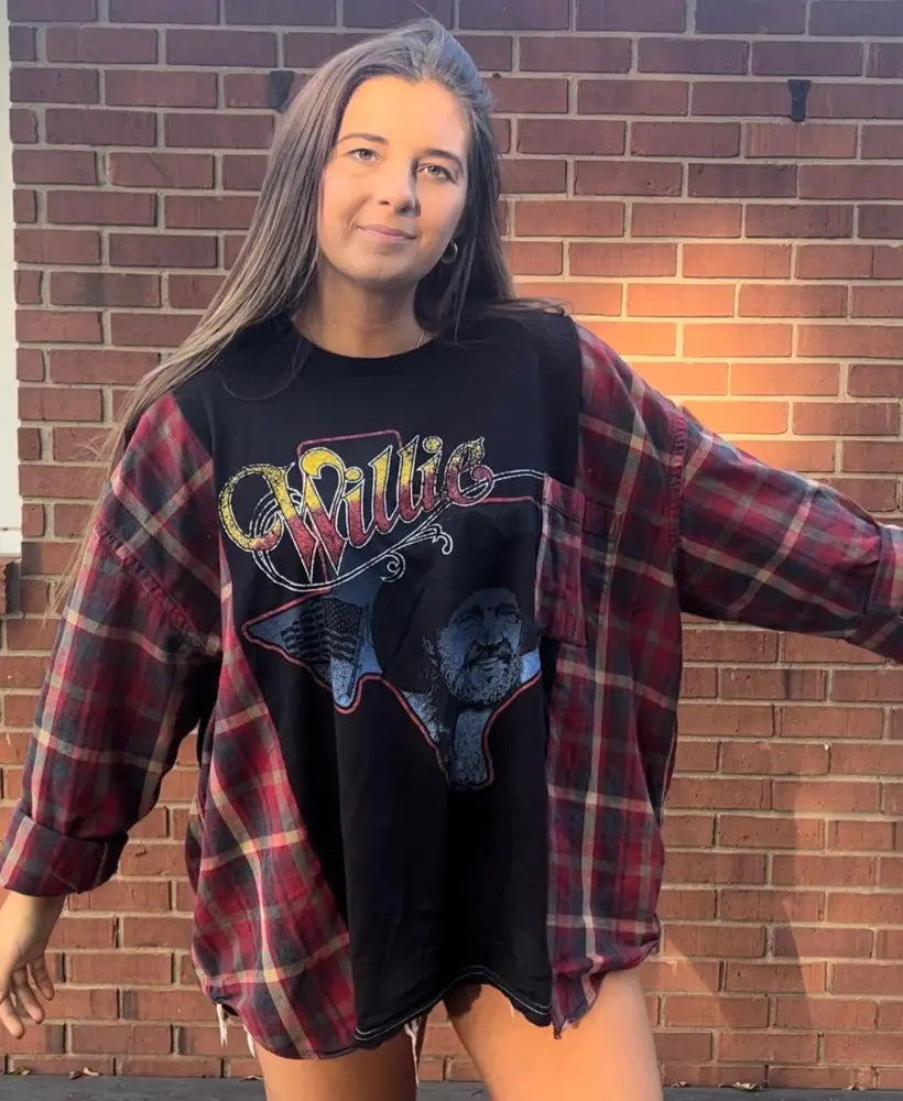 Reworked Willie Nelson Flannel Long Sleeve Shirts & Tops
