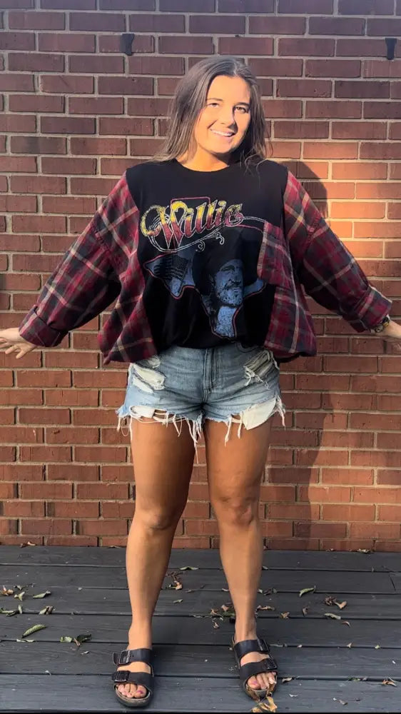 Reworked Willie Nelson Flannel Long Sleeve Shirts & Tops