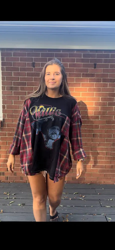 Reworked Willie Nelson Flannel Long Sleeve Shirts & Tops