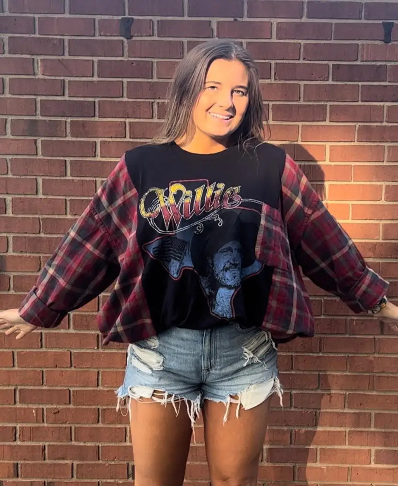Reworked Willie Nelson Flannel Long Sleeve Shirts & Tops