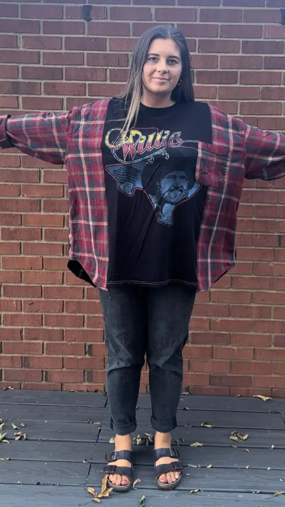Reworked Willie Nelson Flannel Long Sleeve Shirts & Tops