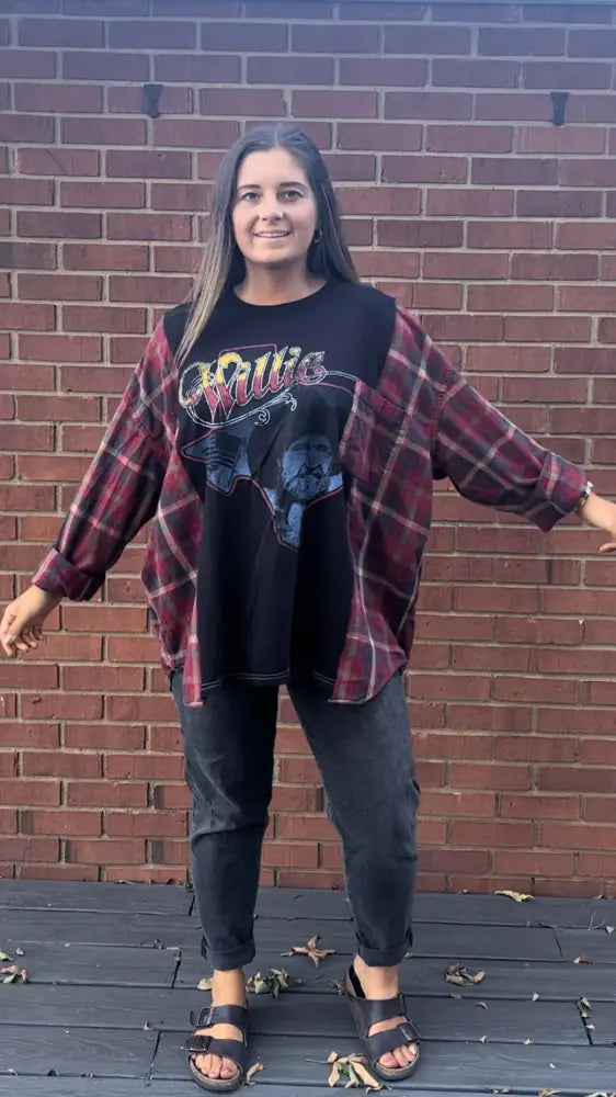 Reworked Willie Nelson Flannel Long Sleeve Shirts & Tops
