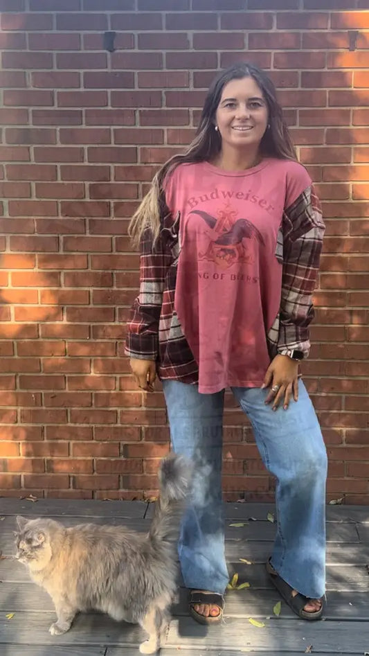 Reworked Budweiser Flannel Long Sleeve Shirts & Tops