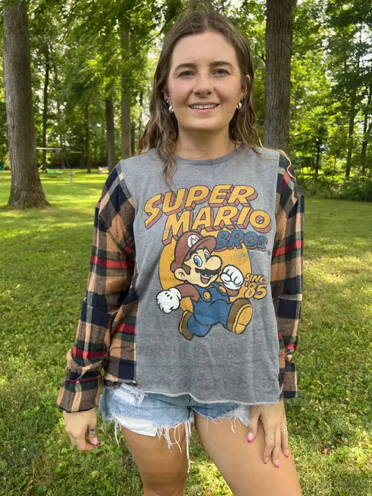 Reworked Mario Brothers Flannel Long Sleeve Shirts & Tops