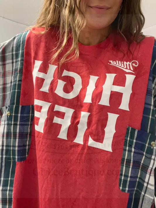 Reworked Miller High Life Flannel Long Sleeve Shirts & Tops