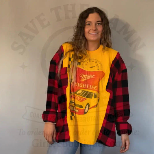 Reworked Miller High Life Flannel Long Sleeve Shirts & Tops
