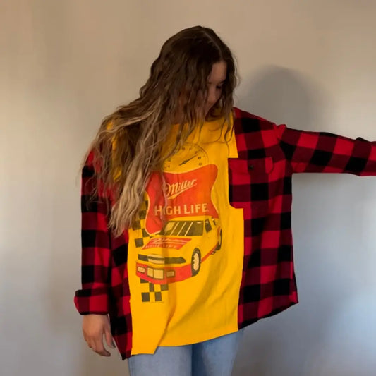 Reworked Miller High Life Flannel Long Sleeve Shirts & Tops