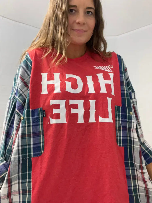 Reworked Miller High Life Flannel Long Sleeve Shirts & Tops
