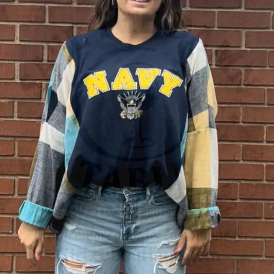 Reworked Navy Long Sleeve Shirts & Tops