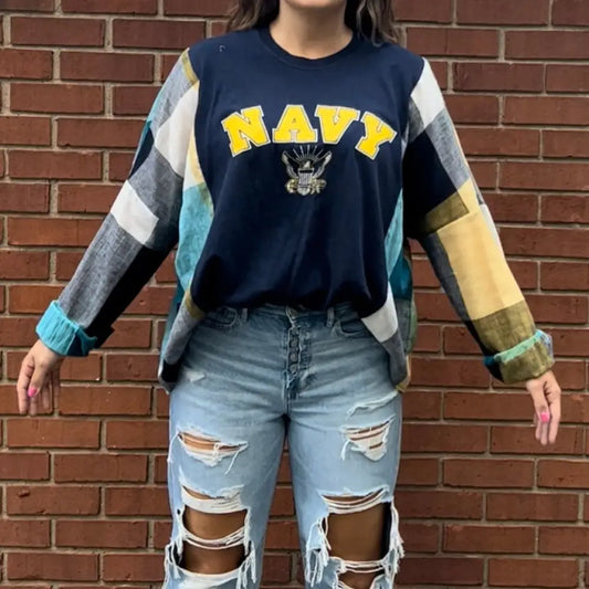 Reworked Navy Long Sleeve Shirts & Tops