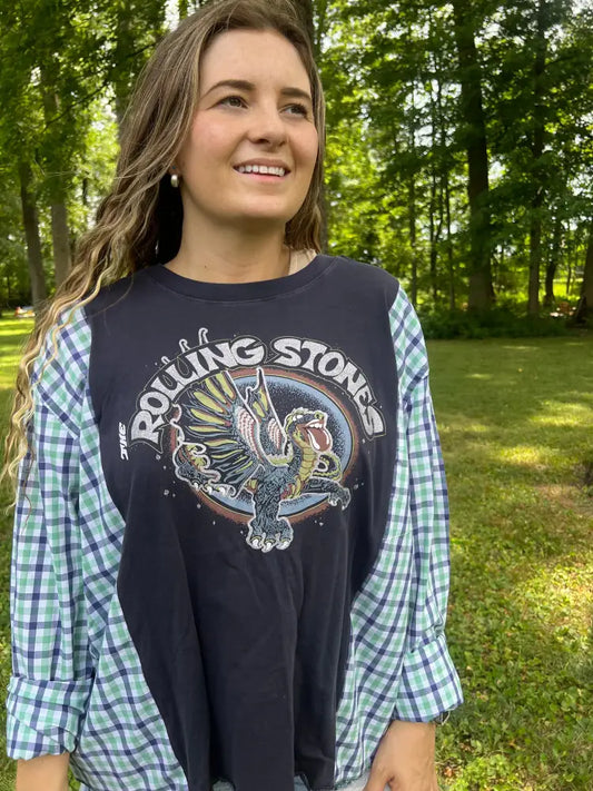 Reworked Rolling Stones Band Tee Flannel Long Sleeve Shirts & Tops