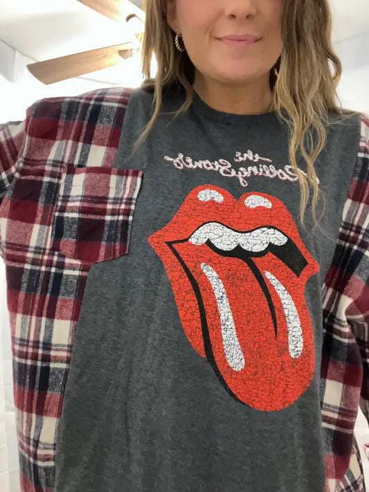 Reworked Rolling Stones Flannel Long Sleeve Shirts & Tops