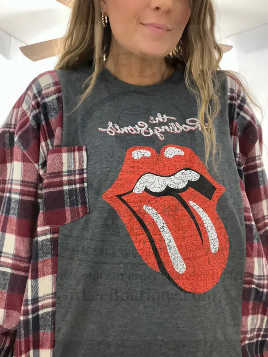 Reworked Rolling Stones Flannel Long Sleeve Shirts & Tops