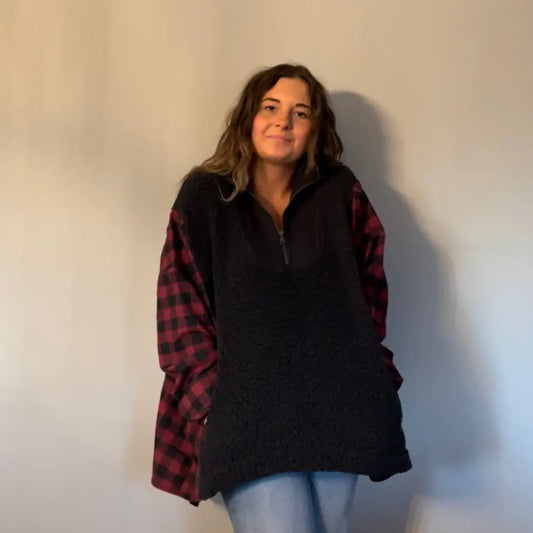 Reworked Sherpa/Flannel Long Sleeve Quarter Zip Shirts & Tops