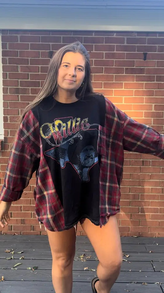 Reworked Willie Nelson Flannel Long Sleeve Shirts & Tops